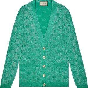 Gucci Green Lurex Interlocking G Long Sleeve V-Neck Cardigan Size Small